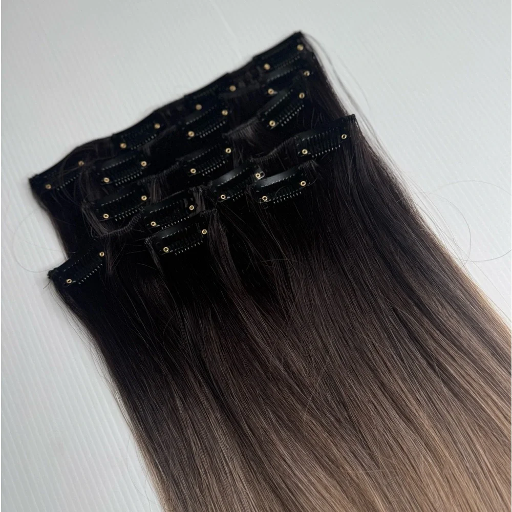 22” Balayage Brown and Medium Blonde Human Hair Blend Extensions 7 Pieces